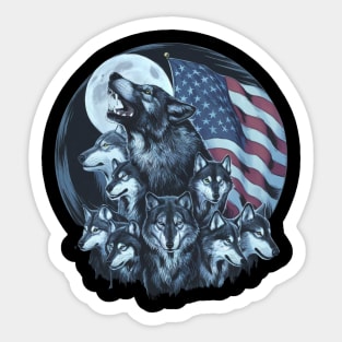 Wolves Under Moon Howling Wolf 4th of July American Flag Sticker